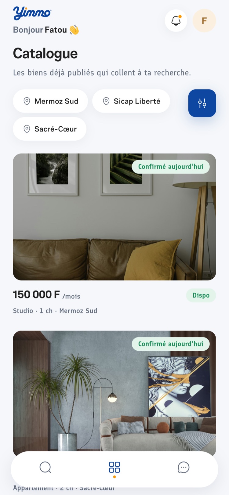 Catalogue de biens réels dans l'app Yimmo