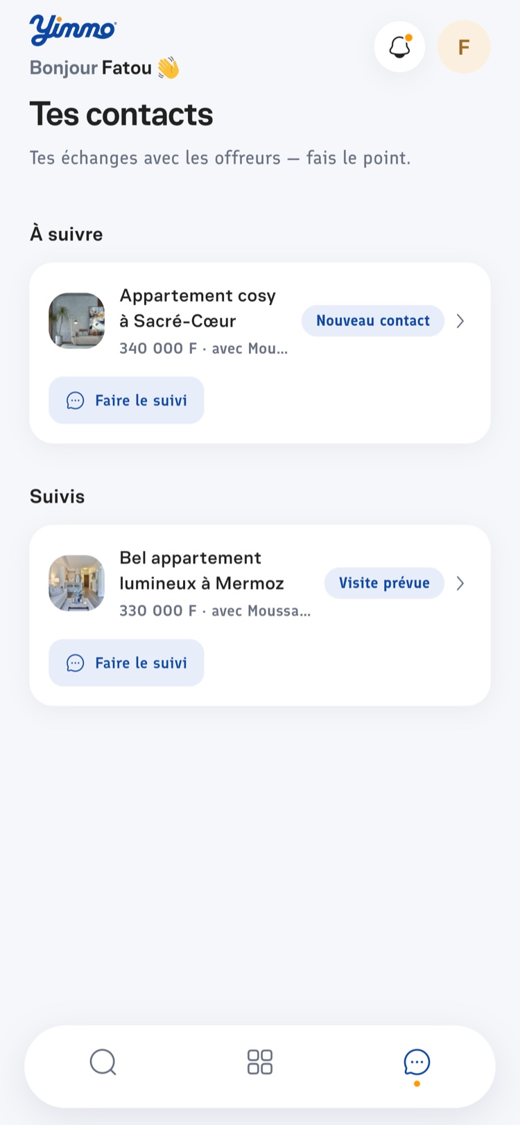 Contacts et suivi dans l'app Yimmo