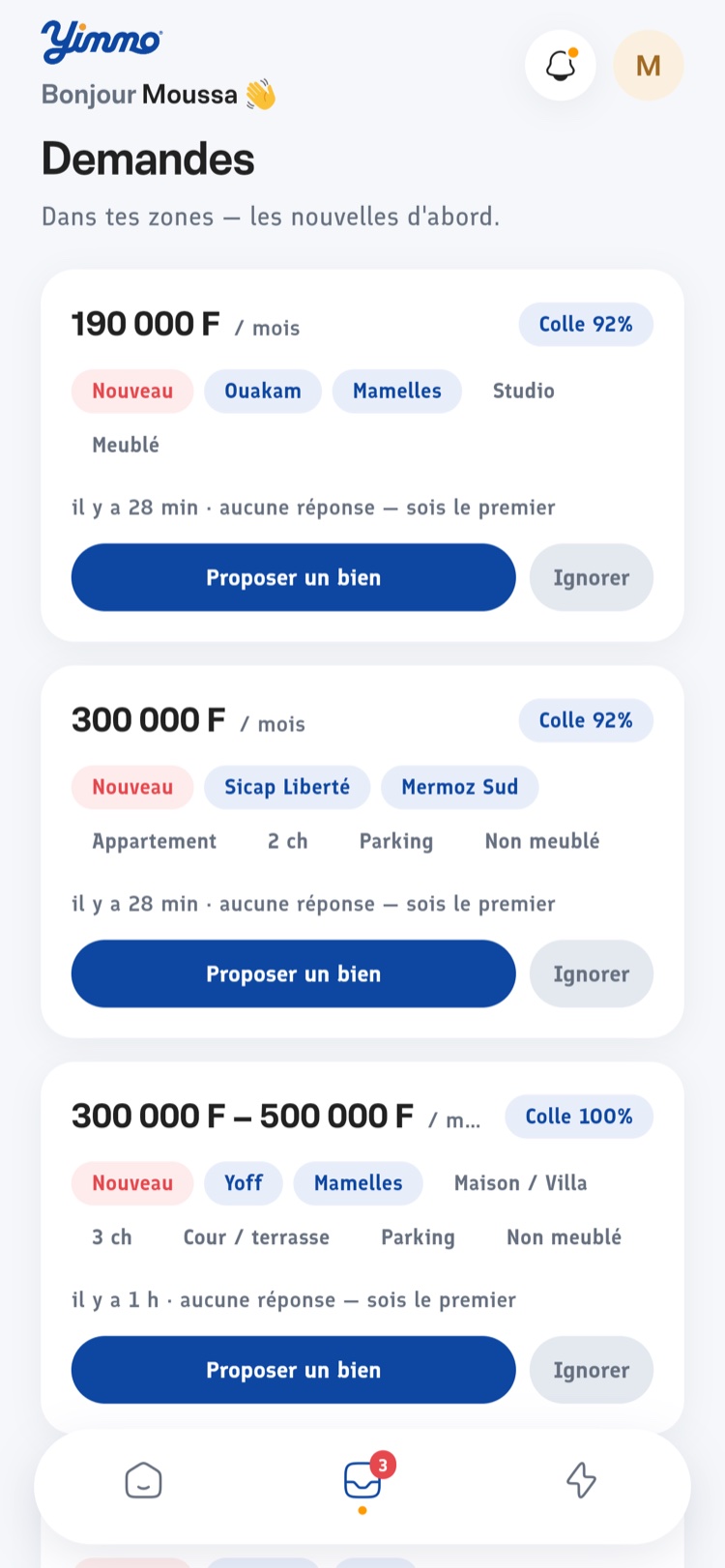 Demandes des locataires dans l'app Yimmo